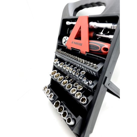 ParkSide HG-10518 Socket Set 61 részes 1/4" 6.3 mm + 3/8" 10 mm CR-V / S2 acél racsnis dugókulcskészlet (krova készlet) dugókulcs és bitfej készlet állvánnyal