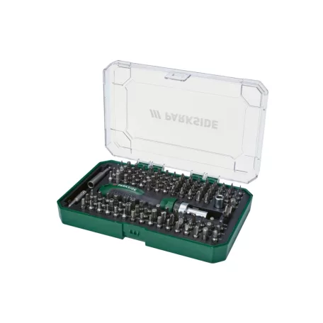 ParkSide 115 részes racsnis csavarhúzó és bitkészlet irányváltóval praktikus tároló dobozban, 1/4" 6.3 mm-es hatszögletű befogóval, speciális bitekkel
