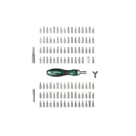 ParkSide 115 részes racsnis csavarhúzó és bitkészlet irányváltóval praktikus tároló dobozban, 1/4" 6.3 mm-es hatszögletű befogóval, speciális bitekkel