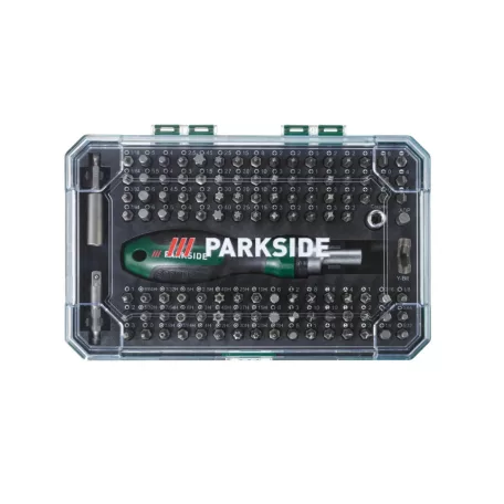 ParkSide 115 részes racsnis csavarhúzó és bitkészlet irányváltóval praktikus tároló dobozban, 1/4" 6.3 mm-es hatszögletű befogóval, speciális bitekkel