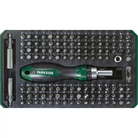 ParkSide 115 részes racsnis csavarhúzó és bitkészlet irányváltóval praktikus tároló dobozban, 1/4" 6.3 mm-es hatszögletű befogóval, speciális bitekkel