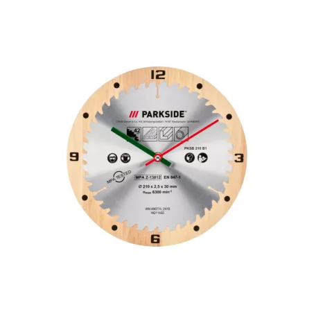 ParkSide Fan Editon 25 cm Slaw Blade Körfűrészlap inox és natúr fa Design falióra pontos és csendes quartz óraművel, alkáli elemmel