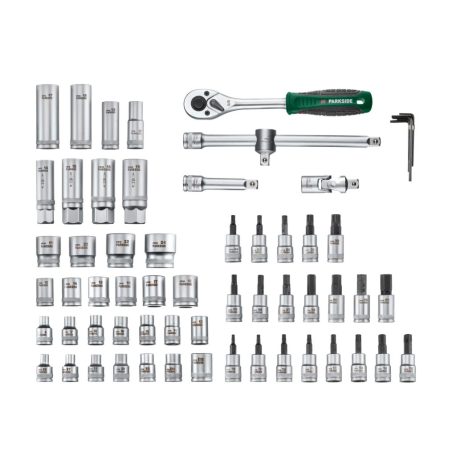 ParkSide PSSS 65 A1 (494633) Socket Set 3/8" (10 mm) 65 részes racsnis dugókulcs és bitfej készlet, krovakészlet kofferben, CR-V és S2 acélból