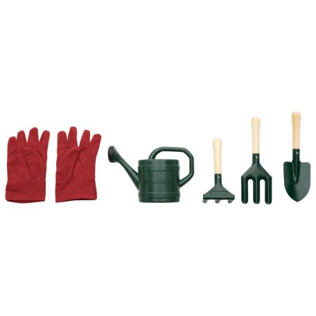 lupilu / PlayTive ParkSide 7 részes gyermek játék kerti szett: fém talicska, műanyag locsolókanna, kesztyű és fém / fa ültető szerszámok (ásó, gereblye, villa)