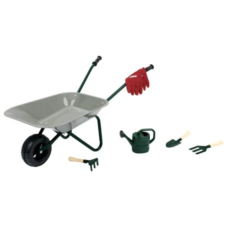 lupilu / PlayTive ParkSide 7 részes gyermek játék kerti szett: fém talicska, műanyag locsolókanna, kesztyű és fém / fa ültető szerszámok (ásó, gereblye, villa)