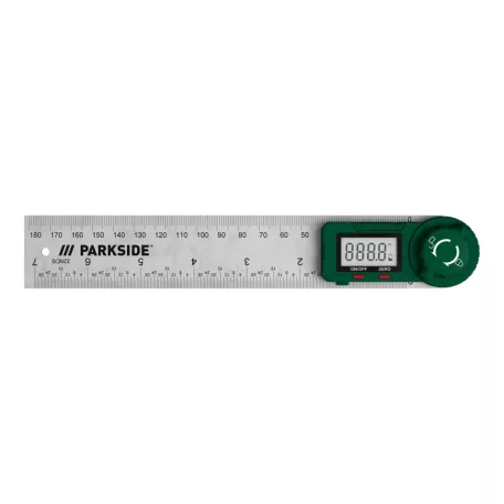 ParkSide prémium inox / zöld fém digitális szögmérő / vonalzó LCD kijelzővel 360° 2 x 180 mm szárral