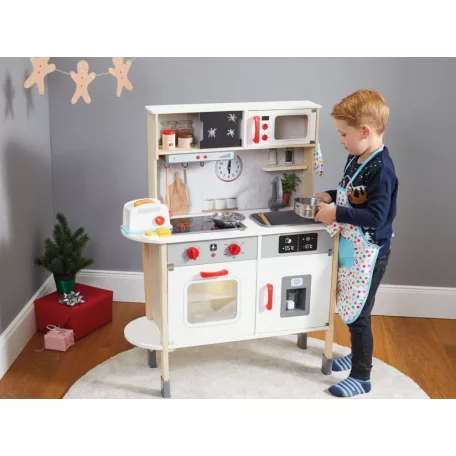 PlayTive GY-2022 MAXI hangot adó, világító fa konyha 77 x 30 x 103 cm elektromos játék babakonyha hűtővel, sütővel, mikróval, mosogatóval, főzőlappal és kiegészítőkkel