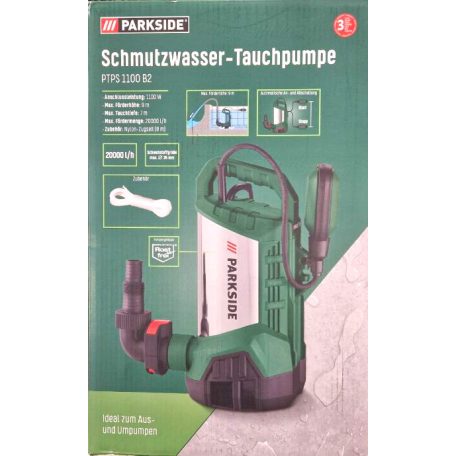  Parkside PTPS 1100 B2 inox, nemesacél 1100W 20.000 l/óra kerti szivattyú, szennyvízszivattyú (búvárszivattyú) úszókapcsolóval