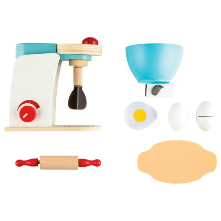PlayTive játék fa konyhai robotgép, dagasztógép gyermekeknek, valódi fából, 8 kiegészítővel