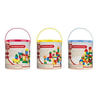   PlayTive 3 az 1-ben 188 darabos színes fa építőkocka, fakocka készlet praktikus tároló vödörben épületekkel és járművekkel, mintázott fakockákkal