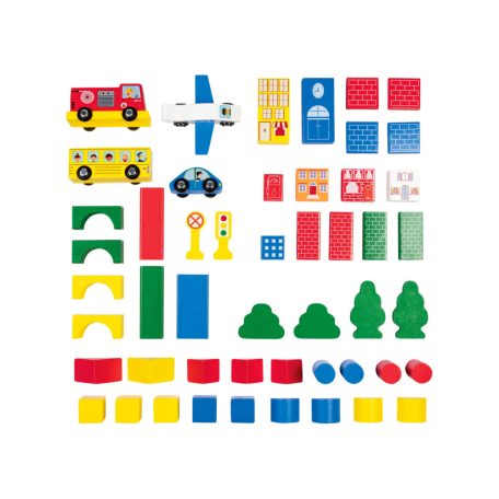 PlayTive 3 az 1-ben 188 darabos színes fa építőkocka, fakocka készlet praktikus tároló vödörben épületekkel és járművekkel, mintázott fakockákkal