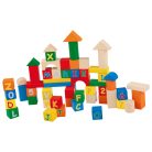 PlayTive 3 az 1-ben 188 darabos színes fa építőkocka, fakocka készlet praktikus tároló vödörben épületekkel és járművekkel, mintázott fakockákkal