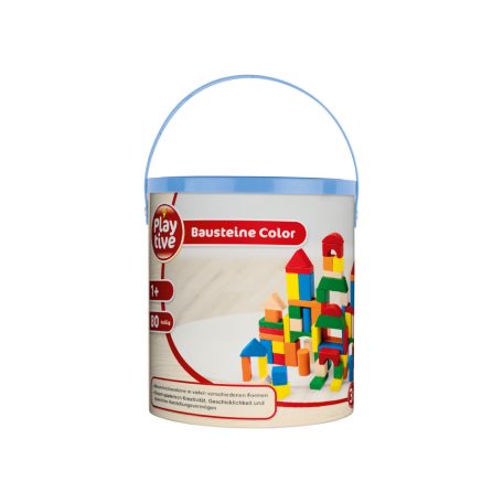 PlayTive 3 az 1-ben 188 darabos színes fa építőkocka, fakocka készlet praktikus tároló vödörben épületekkel és járművekkel, mintázott fakockákkal