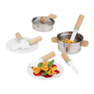   lupilu / PlayTive Cooking Set, 20 részes játék fa + nemesacél konyhai készlet gyerekeknek, serpenyővel, fazékkal, fedővel, evőeszközökkel, tányérokkal és étellel