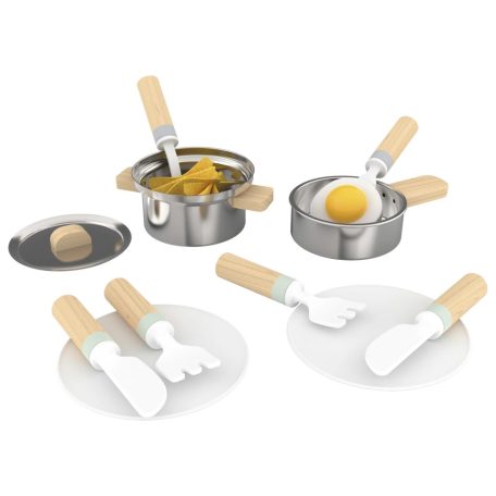 PlaytTive Cooking Set, 18 részes játék fa + nemesacél konyhai készlet gyerekeknek, serpenyővel, fazékkal, fedővel, evőeszközökkel, tányérokkal és étellel