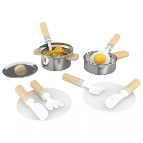 lupilu / PlayTive Cooking Set, 20 részes játék fa + nemesacél konyhai készlet gyerekeknek, serpenyővel, fazékkal, fedővel, evőeszközökkel, tányérokkal és étellel