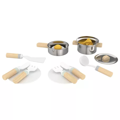 lupilu / PlayTive Cooking Set, 20 részes játék fa + nemesacél konyhai készlet gyerekeknek, serpenyővel, fazékkal, fedővel, evőeszközökkel, tányérokkal és étellel