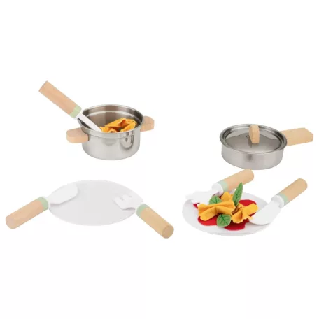 lupilu / PlayTive Cooking Set, 20 részes játék fa + nemesacél konyhai készlet gyerekeknek, serpenyővel, fazékkal, fedővel, evőeszközökkel, tányérokkal és étellel