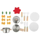 lupilu / PlayTive Cooking Set, 20 részes játék fa + nemesacél konyhai készlet gyerekeknek, serpenyővel, fazékkal, fedővel, evőeszközökkel, tányérokkal és étellel