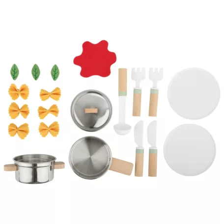 lupilu / PlayTive Cooking Set, 20 részes játék fa + nemesacél konyhai készlet gyerekeknek, serpenyővel, fazékkal, fedővel, evőeszközökkel, tányérokkal és étellel