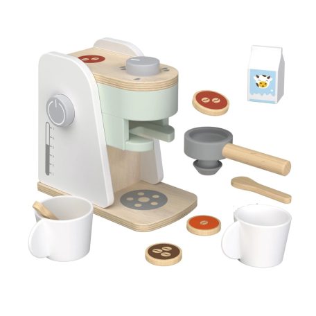 PlaytTive Coffee Machine Set, 9 részes játék fa kávéfőző készlet gyerekeknek, 2 db bögrével, kanállal, tejes dobozzal, 3 db kávépárnával