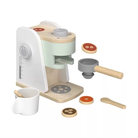 lupilu / PlayTive Coffee Machine Set, 9 részes játék fa kávéfőző készlet gyerekeknek, 2 db bögrével, kanállal, tejes dobozzal, 3 db kávépárnával