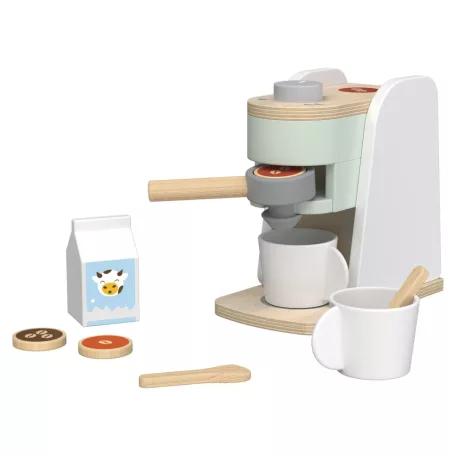 lupilu / PlayTive Coffee Machine Set, 9 részes játék fa kávéfőző készlet gyerekeknek, 2 db bögrével, kanállal, tejes dobozzal, 3 db kávépárnával