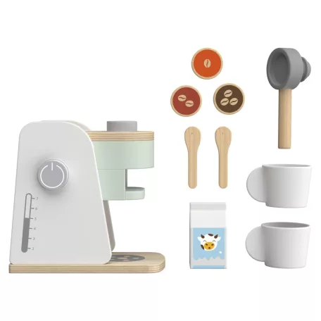 lupilu / PlayTive Coffee Machine Set, 9 részes játék fa kávéfőző készlet gyerekeknek, 2 db bögrével, kanállal, tejes dobozzal, 3 db kávépárnával