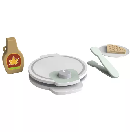 PlayTive Toy Wafle Maker, 8 részes játék fa gofrisütő készlet gyerekeknek, tányérral, 4 db szív alakú gofrival, sütifogóval és juharsziruppal