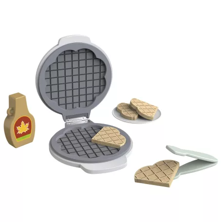 PlayTive Toy Wafle Maker, 8 részes játék fa gofrisütő készlet gyerekeknek, tányérral, 4 db szív alakú gofrival, sütifogóval és juharsziruppal