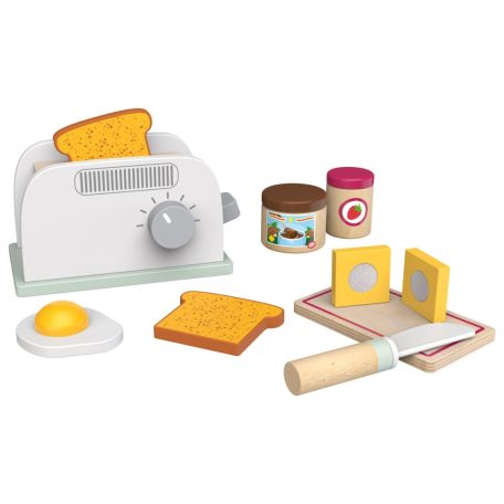 PlaytTive Wooden Toaster Set 12 részes játék fa reggeliző készlet, pirító, kenyérpirító 2 szelet kenyérrel, tükörtojással, vajjal, deszkával, lekvárral, csokikrémmel és késsel