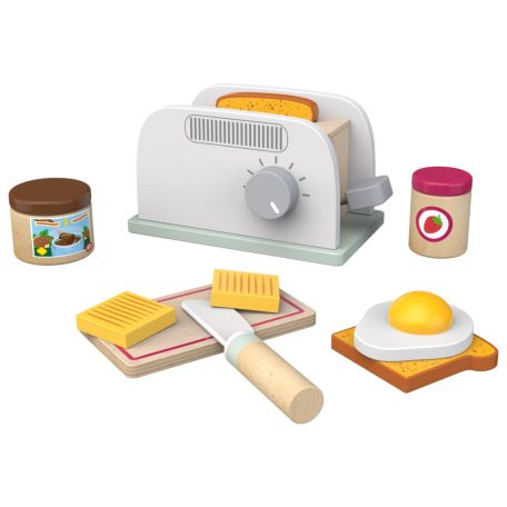 lupilu / PlayTive Wooden Toaster Set 12 részes játék fa reggeliző készlet, pirító, kenyérpirító 2 szelet kenyérrel, tükörtojással, vajjal, deszkával, lekvárral, csokikrémmel és késsel
