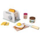 lupilu / PlayTive Wooden Toaster Set 12 részes játék fa reggeliző készlet, pirító, kenyérpirító 2 szelet kenyérrel, tükörtojással, vajjal, deszkával, lekvárral, csokikrémmel és késsel