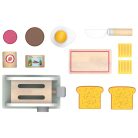 lupilu / PlayTive Wooden Toaster Set 12 részes játék fa reggeliző készlet, pirító, kenyérpirító 2 szelet kenyérrel, tükörtojással, vajjal, deszkával, lekvárral, csokikrémmel és késsel