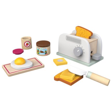 lupilu / PlayTive Wooden Toaster Set 12 részes játék fa reggeliző készlet, pirító, kenyérpirító 2 szelet kenyérrel, tükörtojással, vajjal, deszkával, lekvárral, csokikrémmel és késsel