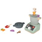 lupilu / PlayTive Premium elektromos (elemes, bekapcsolható) játék fa konyhai robotgép, levesfőző turmix funkcióval, fa élelmiszerekkel