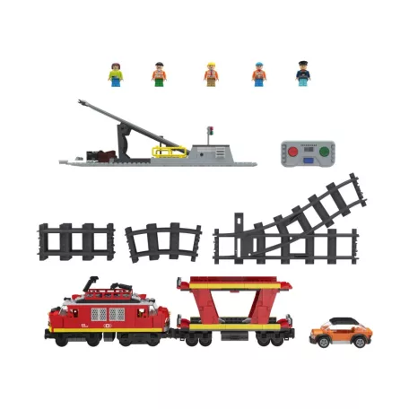 PlayTive Clippys Freight Train 753 részes tehervonat építőkocka készlet, világító, távirányítós, elemes vonat 2.5m sínpályával, rámpával és 1 db autóval