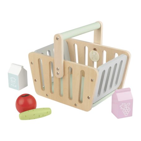 PlayTive Shopping Basket játék (gyermek) mini (226 x 188 x 192 mm) fa bevásároló kosár, 5 részes bevásárlókosár fából