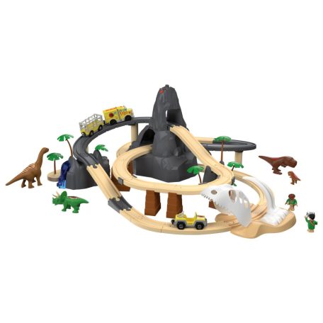 PlayTive Dino Park 49 részes fa vonat szett, favonat készlet önjáró elemes teherautóval vulkánnal 
