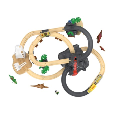 PlayTive Dino Park 49 részes fa vonat szett, favonat készlet önjáró elemes teherautóval vulkánnal 
