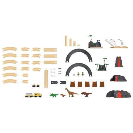 PlayTive Dino Park 49 részes fa vonat szett, favonat készlet önjáró elemes teherautóval vulkánnal 