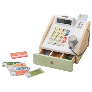   Lupilu / PlayTive 18 x 17 x 13 cm 24 részes, kreativitás és fantázia fejlesztő fa játék pénztárgép, kassza, kasszagép bankkártya terminállal, kézi szekkenner, LCD kijelzővel