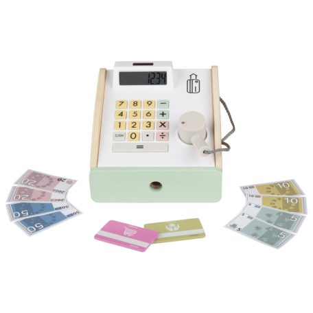 Lupilu / PlayTive 18 x 17 x 13 cm 24 részes, kreativitás és fantázia fejlesztő fa játék pénztárgép, kassza, kasszagép bankkártya terminállal, kézi szekkenner, LCD kijelzővel
