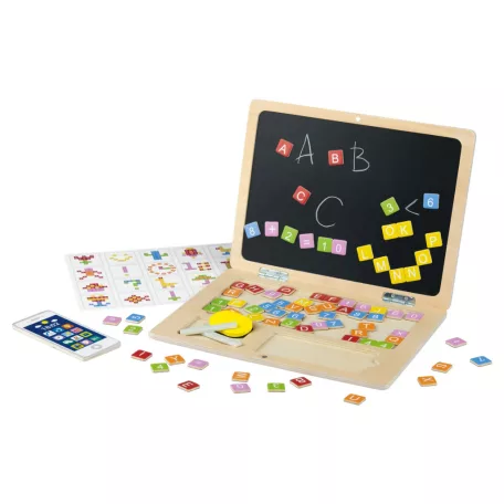 PlayTive készségfejlesztő mágneses fa laptop és mobiltelefon, fából készült oktató, fejlesztő notebook, gyermek laptop + telefon
