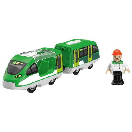 PlayTive önjáró, elemes zöld - fehér személyvonat, gyorsvonat, ember figurával, mágneses mozdony és vagon fa vonat szettekhez