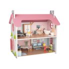 PlayTive Pink Puppenhaus rózsaszín fa babaház, 48 x 46 x 30 cm, kétszintes babaház fából, 48 db kiegészítővel