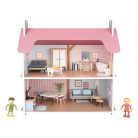 PlayTive Pink Puppenhaus rózsaszín fa babaház, 48 x 46 x 30 cm, kétszintes babaház fából, 48 db kiegészítővel