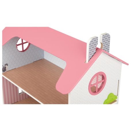 PlayTive Pink Puppenhaus rózsaszín fa babaház, 48 x 46 x 30 cm, kétszintes babaház fából, 48 db kiegészítővel