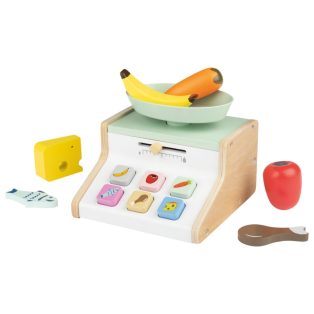   lupilu / PlayTive 2024 Wooden Scales Set, 7 részes játék fa mérleg, működő rugós mérleggel és mutatóval, 6 db élelmiszerrel, fából