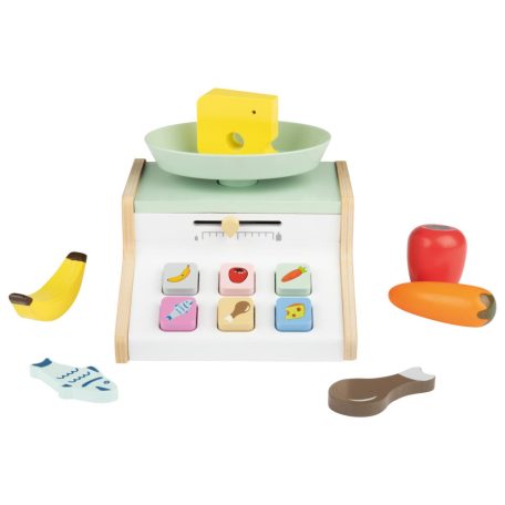 lupilu / PlayTive 2024 Wooden Scales Set, 7 részes játék fa mérleg, működő rugós mérleggel és mutatóval, 6 db élelmiszerrel, fából